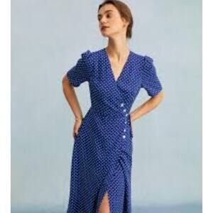 Polka Dot V-Neck Wrap Midi Dress - Blue
